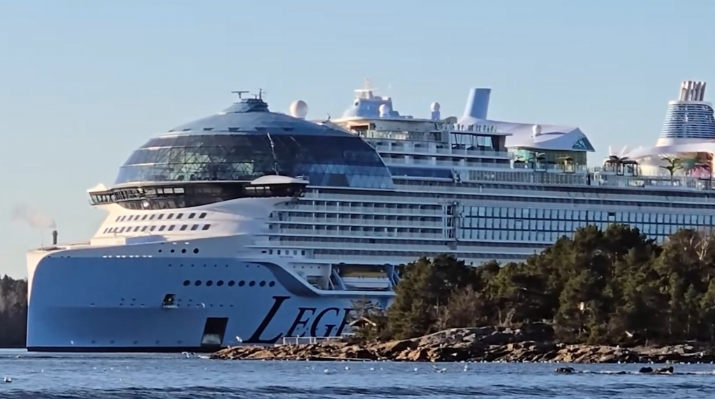 Legend of the Seas sailing from Meyer Turku shipyard during sea trials in the Finnish archipelago.